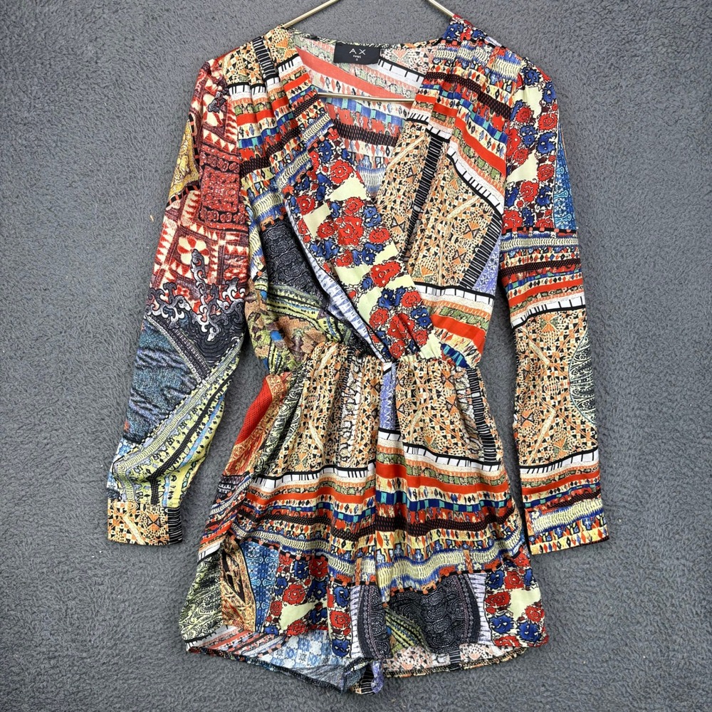 AX Paris Womens Multi Color Mixed Print Surplice Long Sleeve Romper Size 8